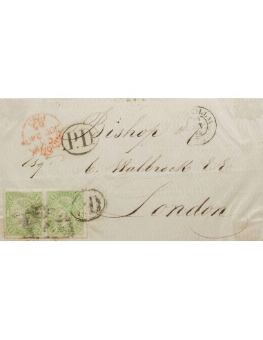 Andalucía. Historia Postal. Sobre 72(2). 1865. 1 real verde, pareja. Frontal de SEVILLA a LONDRES (INGLATERRA). MAGNIFICA E IN
