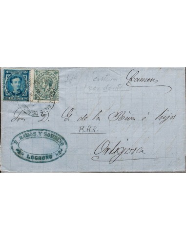 La Rioja. Historia Postal. Sobre 175, 183. 1876. 10 cts azul y 5 cts verde. LOGROÑO a ORTIGOSA DE CAMEROS. Matasello AMB. DESC