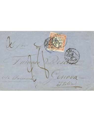 Perú. Sobre Yv 8. 1866. 1 dinero naranja. LIMA a GENOVA (ITALIA). Matasello LIMA / M (Tipo 27, según G.LAMY) y marca de la tas
