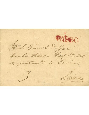 Perú. Sobre . (1830ca). PASCO a LIMA. Marca PASCO, en rojo (Colareta 1). BONITA.