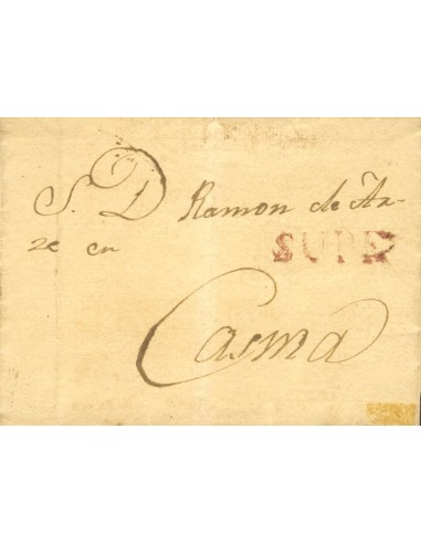 Perú. Sobre . (1830ca). SUPE a CASMA. Marca SUPE, en rojo (Colareta 1). MAGNIFICA Y RARA.