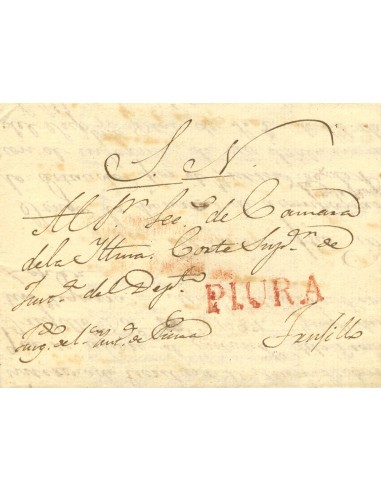 Perú. Sobre . 1827. PIURA a TRUJILLO. Marca PIURA, en rojo (Colareta 3). MAGNIFICA.