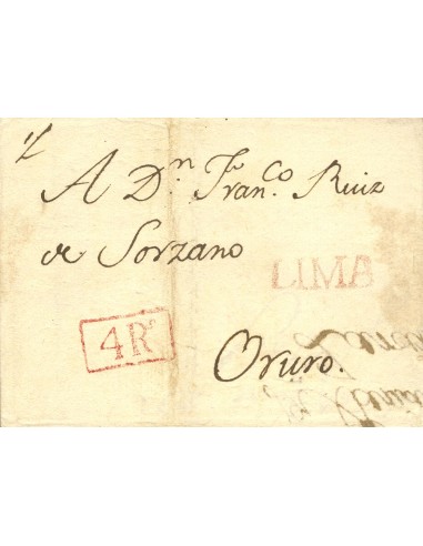 Perú. Sobre . 1830. LIMA a ORURO. Marca LIMA, en rojo (Colareta 12) y "4Rs", no reseñado. MAGNIFICA.