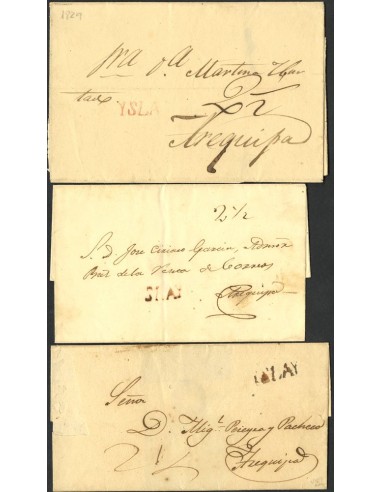 Perú. Sobre . 1828. Conjunto de tres cartas de ISLAY a AREQUIPA, con la marca ISLAY en diversos colores.