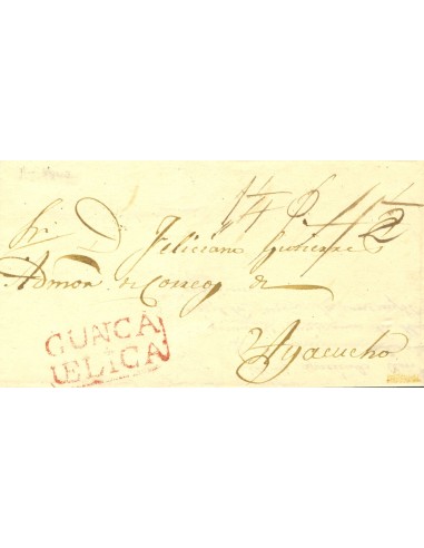 Perú. Sobre . 1840. HUANCAVELICA a AYACUCHO. Marca HUANCA / VELICA, en rojo (Colareta 3). MAGNIFICA Y RARA.