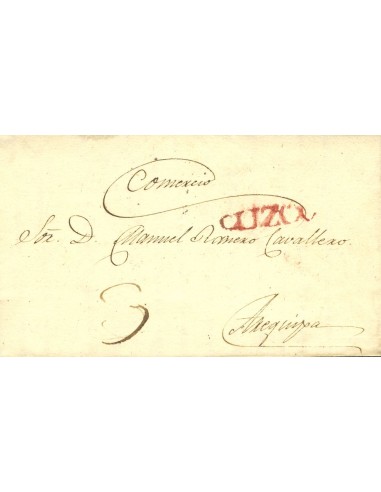 Perú. Sobre . 1832. CUZCO a AREQUIPA. Marca CUZCO, en rojo (Colareta 5). MAGNIFICA.