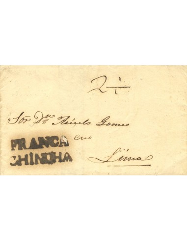Perú. Sobre . (1850ca). CHINCHA a LIMA. Marca FRANCA / CHINCHA, en negro, no reseñada. MAGNIFICA.