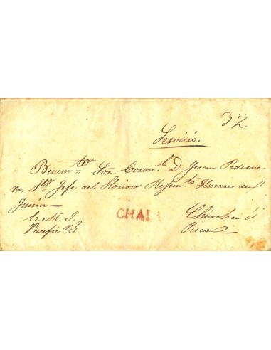 Perú. Sobre . (1832ca). CHALA a CHINCHA. Marca CHALA, en rojo (Colareta 1). MAGNIFICA.