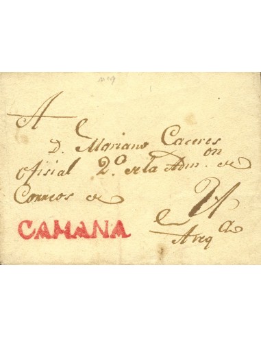 Perú. Sobre . (1820ca). CAMANA a AREQUIPA. Marca CAMANA, en rojo (Colareta 1). MAGNIFICA.