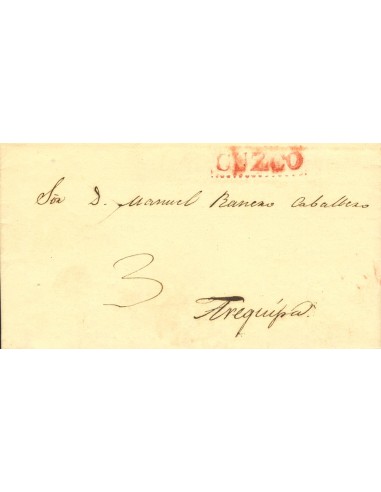 Perú. Sobre . 1835. CUZCO a AREQUIPA. Marca CUZCO, en rojo (Colareta 7). MAGNIFICA Y RARA.