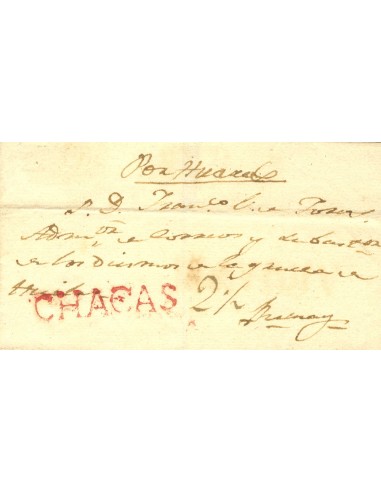 Perú. Sobre . (1808ca). CHACAS a ABANCAY. Marca CHACAS, en rojo (P.E. 1) y (Colareta 1). MAGNIFICA Y RARA.