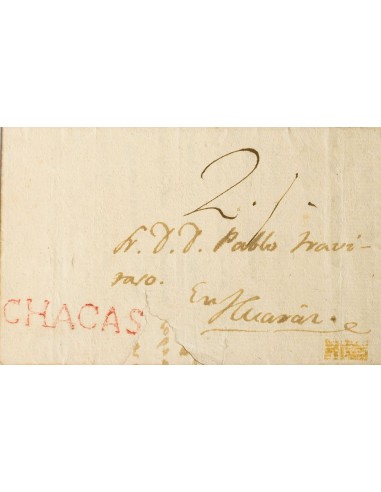Perú. Sobre . 1823. CHACAS a HUARAZ. Marca CHACAS, en rojo (Colareta 1). MAGNIFICA.