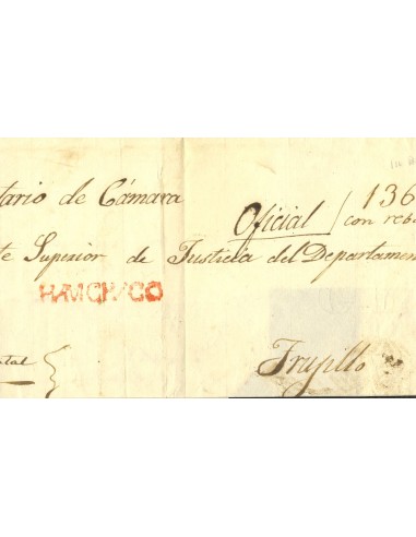 Perú. Sobre . 1851. HUAMACHUCO a TRUJILLO. Marca HUAMACHUCO, en rojo (Colareta 1). MAGNIFICA Y RARA.