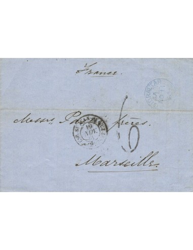 Gibraltar. Sobre . 1860. GIBRALTAR a MARSELLA (FRANCIA). Fechador pequeño GIBRALTAR, en azul. MAGNIFICA.