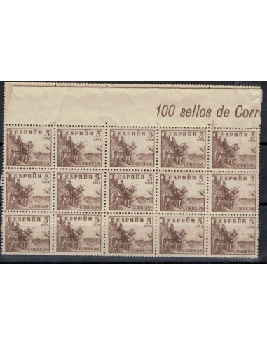 1937-40. Gran bloque de sellos en borde de hoja del valor de 5 céntimos de la emisión Cifras, Cid e Isabel