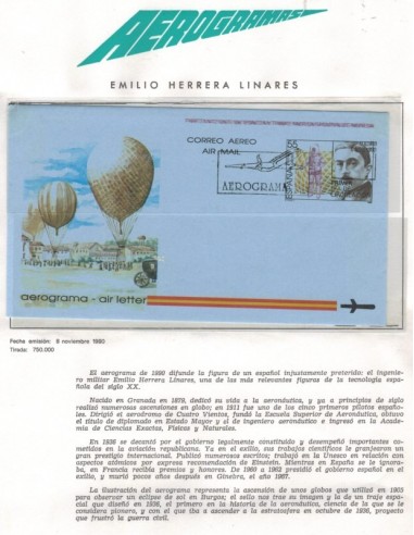 1990. Aerograma Emilio Herrera Linares. Matasello Primer Día