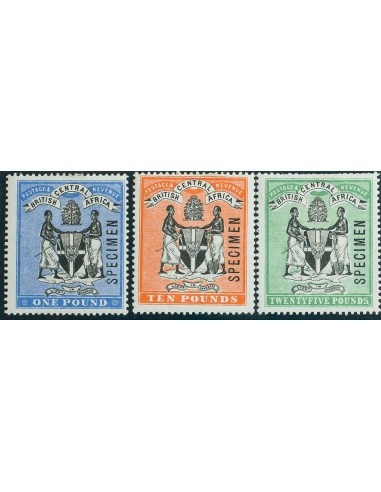 Africa Central Británica. *Yv 39/41. 1895. 1 libra azul, 10 libras naranja y 25 libras verde. Sobrecarga SPECIMEN. MAGNIFICOS