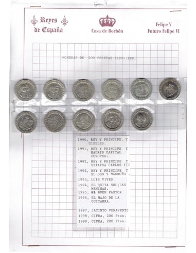 Lote de 11 monedas de España de 200 pesetas años 1990 al 1999