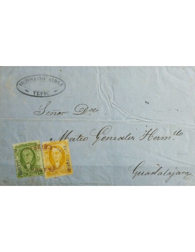 Méjico. Sobre Yv 2, 3. 1859. 1 real naranja y 2 reales verde, ambos con remarca GUADALAJARA. TEPIC a GUADALAJARA. Matasello ov