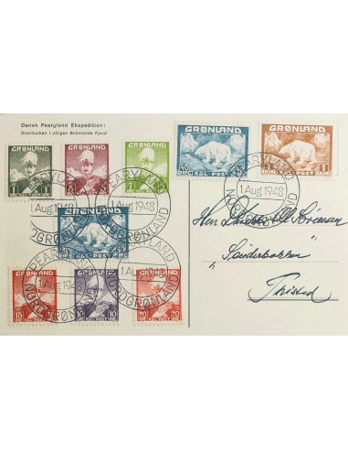 Groenlandia. Sobre Yv 1/9. 1948. Serie completa. Tarjeta Postal de PEARYLAND a THISTED (DINAMARCA). MAGNIFICA.