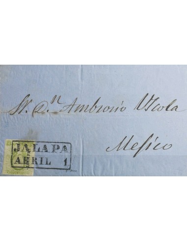 Méjico. Sobre Yv 3. (1856ca). 2 reales verde amarillo. JALAPA a MEJICO. Matasello JALAPA / ABRIL 1. MAGNIFICA.