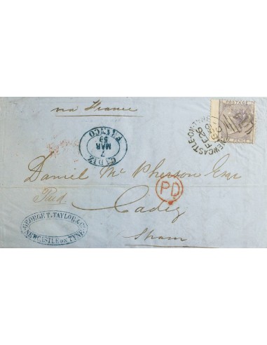 Gran Bretaña. Sobre Yv 19. 1859. 6 p lila. NEWCASTLE a CADIZ (ESPAÑA). En el frente marca CADIZ / FRANCO, en azul. MAGNIFICA.