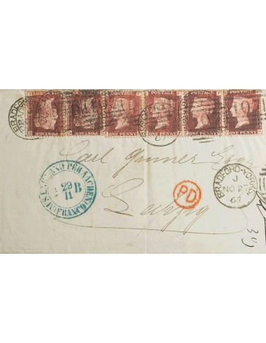 Gran Bretaña. Sobre Yv 26(6). 1867. 1 p rojo carmmín Plancha 89, seis sellos. BRADFORD a LEIPZIG. Matasello dúplex BRADFORD-YO