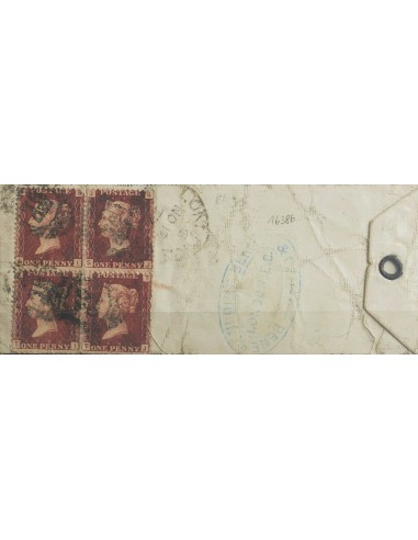 Gran Bretaña. Sobre Yv 26(4). 1872. 1 p rojo carmín Plancha 186, cuatro sellos. Etiqueta Postal de LONDRES a FREIBERG (ALEMANI