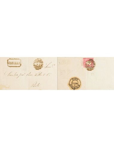 Portugal. Sobre Yv 40. 1872. 25 reis rosa (utilizado como cierre al dorso y con defecto). CAMINHA a PORTO. En el frente marca