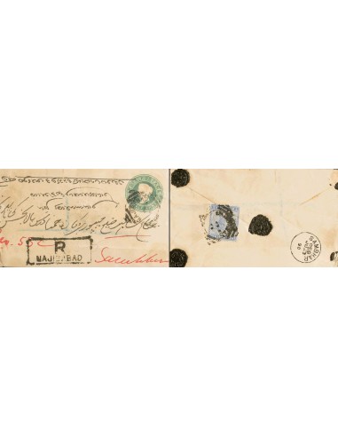 India Británica. Sobre Yv 37. 1890. 1/2 a verde sobre Entero Postal Certificado de MAJIBABAD a SAMBHAR, con franqueo complemen