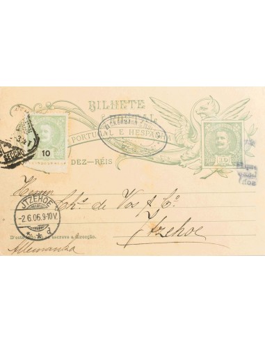 Portugal. Sobre Yv 126. 1906. 10 cts verde sobre Tarjeta Entero Postal de LISBOA a JTZEHOE (ALEMANIA), con franqueo complement