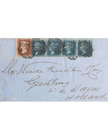 Gran Bretaña. Sobre Yv 10, 11(4). 1867. 1 p rojo carmín y 2 p azul, tira de cuatro. LONDRES a LA HAYA (HOLANDA). MAGNIFICA.