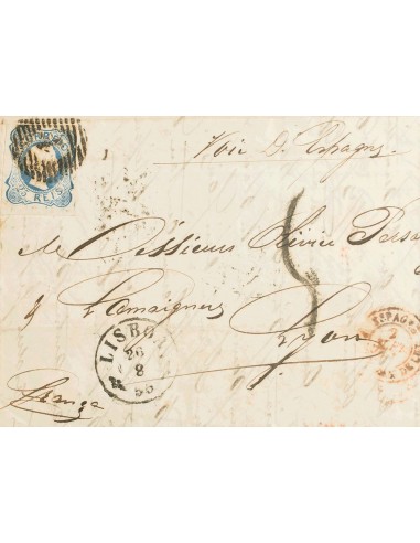Portugal. Sobre Yv 6. 1855. 25 reis azul. LISBOA a LYON (FRANCIA). Matasello NUMERAL Nº1, en el frente ambulante francés y "4"