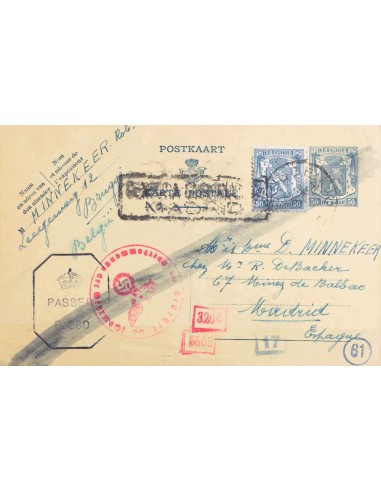 Bélgica. Sobre Yv 426. 1945. 50 cts azul sobre Tarjeta Entero Postal de BRUSELAS a MADRID, con franqueo complementario de 50 c