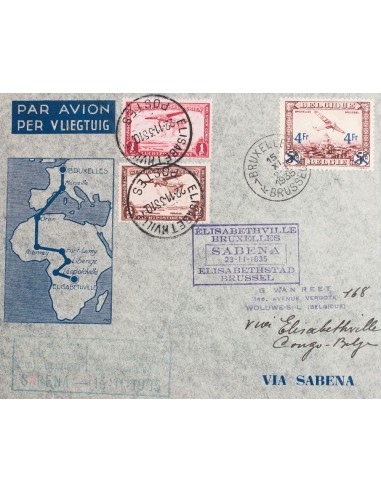 Bélgica, Aéreo. Sobre Yv 7. 1935. 4 fr sobre 5 fr castaño rojo. BRUSELAS a ELISABETHVILLE (CONGO BELGA), donde se aplican sell