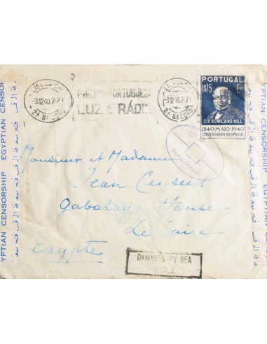 Portugal. Sobre Yv 607. 1940. 1´75 e azul. LISBOA a EL CAIRO. En el frente marca rectangular DAMAGED BY SEA / WATER y censura