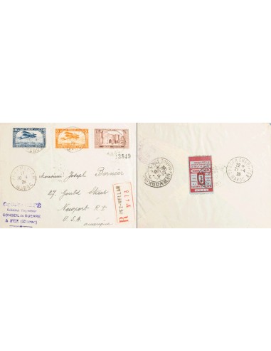 Marruecos Francés. Sobre Yv 117, Aéreo 1, 9. 1928. 1´05 fr castaño y Correo Aéreo 5 cts naranja y 1´90 fr azul. Certificado de