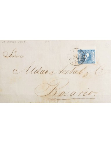 Argentina, Buenos Aires. Sobre Yv 11. 1863. 2 pesos azul (impresión nítida), borde de hoja. BUENOS-AIRES a ROSARIO. Matasello