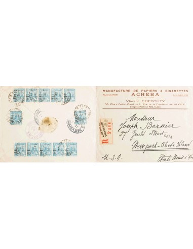 Argelia. Sobre Yv 72. 1927. 25 sobre 30 cts azul, doce sellos (al dorso). Certificado de ARGEL a NEWPORT (USA). Al dorso llega