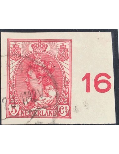 Holanda. ºYv 51a. 1898. 5 cts rosa, borde de hoja con número de plancha. MAGNIFICO.
