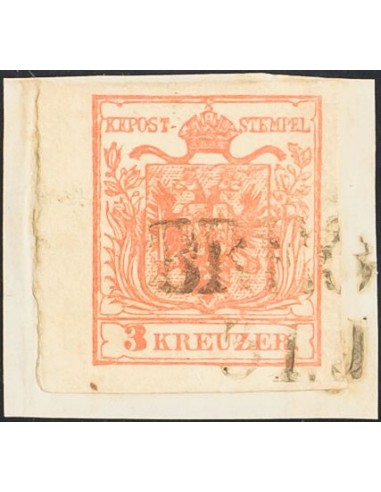 Austria. Fragmento Yv 3. 1850. 3 k bermellón, sobre fragmento, borde de hoja. PIEZA DE LUJO.
