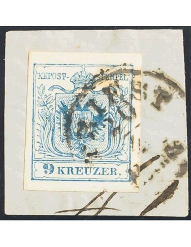 Austria. Fragmento Yv 5. 1850. 9 k azul, sobre fragmento. Matasello TRIEST. PIEZA DE LUJO.