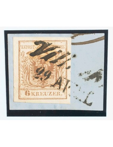 Austria. Fragmento Yv 4. 1850. 6 k marrón, sobre fragmento. PIEZA DE LUJO.