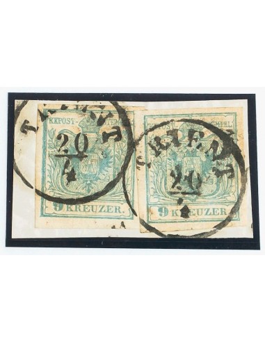 Austria. Fragmento Yv 5(2). 1850. 9 k azul, dos sellos, sobre fragmento. MAGNIFICA.