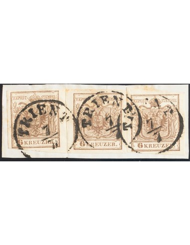 Austria. Fragmento Yv 4(3). 1850. 6 k marrón, tres sellos sobre fragmento. MAGNIFICA.