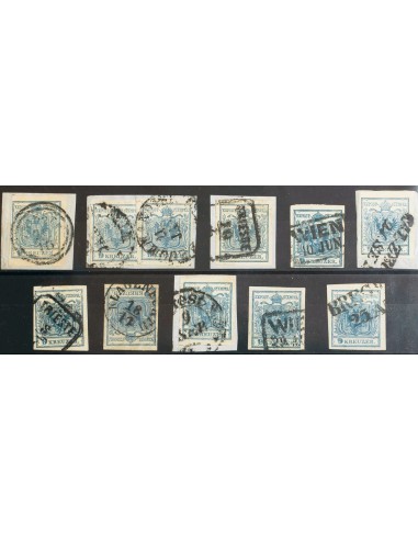 Austria. ºYv 5(20). 1850. Conjunto de dieciocho sellos y dos sellos sobre fragmento del 9 k azul, muchos de ellos sobre fragme