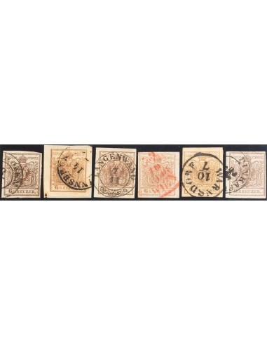 Austria. ºYv 4(6). 1850. Conjunto de seis sellos del 6 k marrón, con matasellos muy espectaculares. MAGNIFICO.
