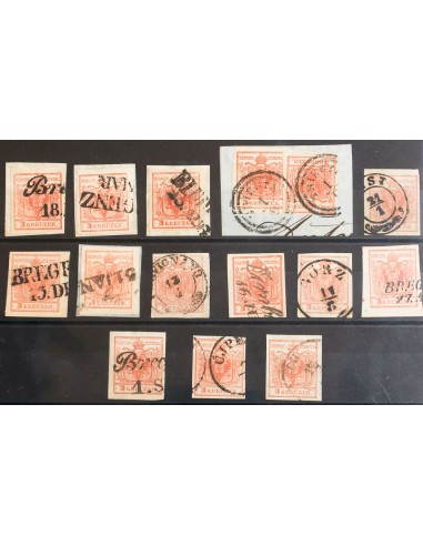 Austria. ºYv 3(15). 1850. Conjunto de trece sellos y dos sellos sobre fragmento del 3 k naranja, alguno de ellos sobre fragmen