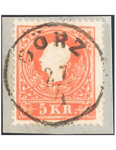 Austria. Fragmento Yv 8. 1858. 5 k bermellón, sobre fragmento. Matasello GÖRZ. MAGNIFICO Y ESPECTACULAR ESTAMPACION.