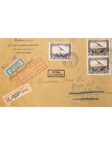 Bélgica, Aéreo. Sobre Yv 2(2), 5. 1930. 1´50 fr castaño negro, dos sellos y 5 fr violeta. Certificado de BRUSELAS a LEOPOLDVIL